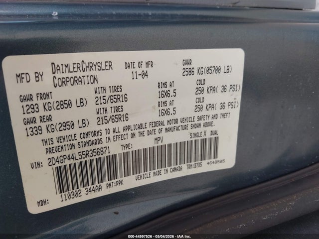 Продаж на аукціоні авто 2005 Dodge Grand Caravan Sxt, vin: 2D4GP44L55R356871, номер лоту: 44997526
