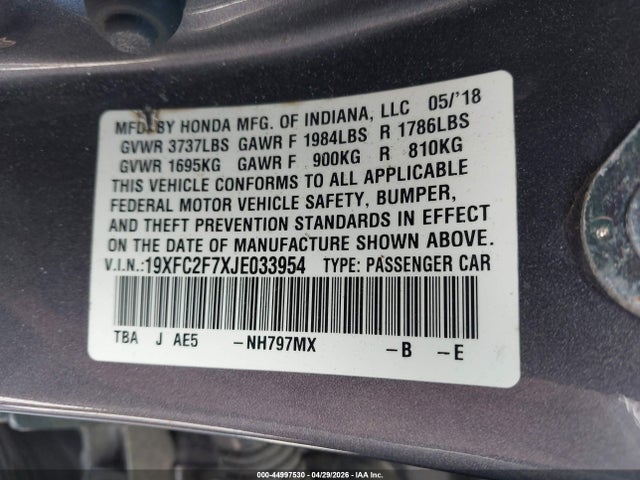 Aukcja sprzedaży 2018 Honda Civic Ex, vin: 19XFC2F7XJE033954, numer aukcji: 44997530