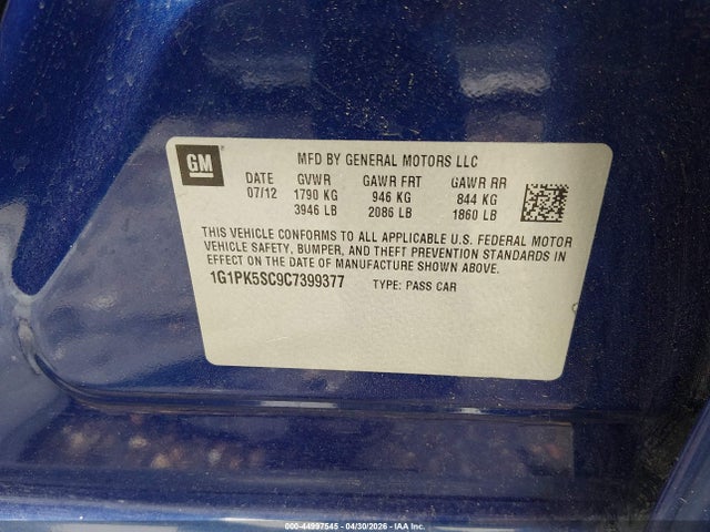 2012 Chevrolet Cruze Eco მანქანა იყიდება აუქციონზე, vin: 1G1PK5SC9C7399377, აუქციონის ნომერი: 44997545