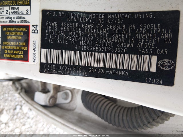 44997547 :رقم المزاد ، 4T1BK36BX7U253676 vin ، 2007 Toyota Avalon Touring مزاد بيع