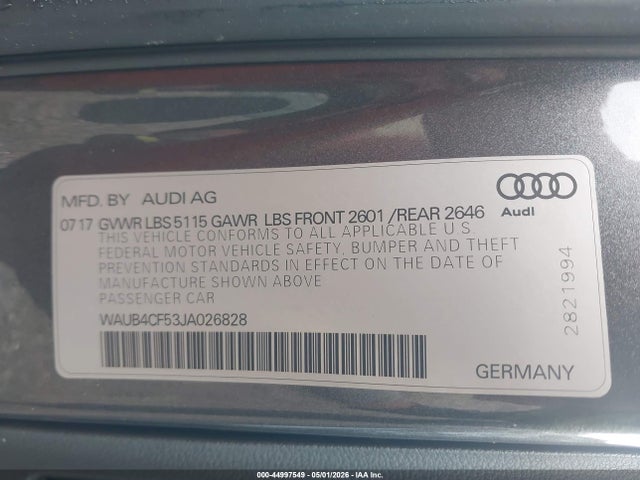2018 Audi S5 3.0t Premium Plus მანქანა იყიდება აუქციონზე, vin: WAUB4CF53JA026828, აუქციონის ნომერი: 44997549