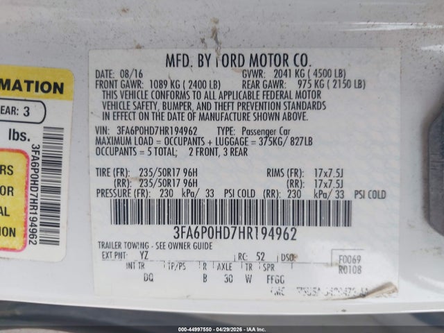 44997550 :رقم المزاد ، 3FA6P0HD7HR194962 vin ، 2017 Ford Fusion Se مزاد بيع