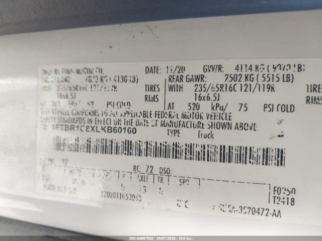 Продажа на аукционе авто 2020 Ford Transit-250, vin: 1FTBR1C8XLKB60160, номер лота: 44997552