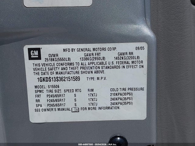 Продаж на аукціоні авто 2006 Gmc Envoy Slt, vin: 1GKDS13S362151589, номер лоту: 44997580