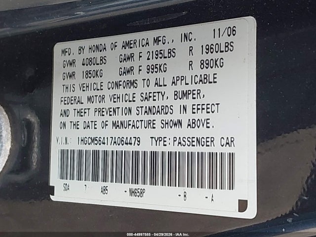 Aukcja sprzedaży 2007 Honda Accord 2.4 Lx, vin: 1HGCM56417A064479, numer aukcji: 44997585