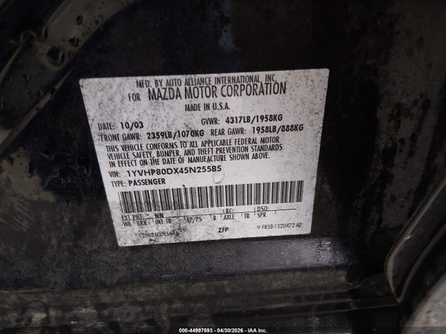 2004 Mazda Mazda6 S მანქანა იყიდება აუქციონზე, vin: 1YVHP80DX45N25585, აუქციონის ნომერი: 44997593