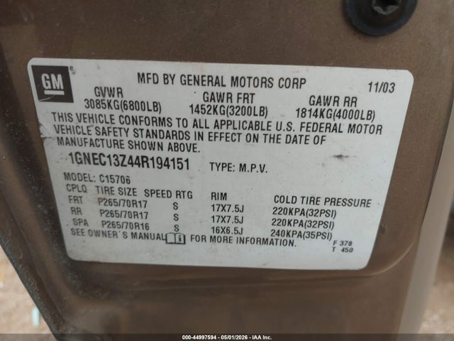 Aukcja sprzedaży 2004 Chevrolet Tahoe Ls, vin: 1GNEC13Z44R194151, numer aukcji: 44997594