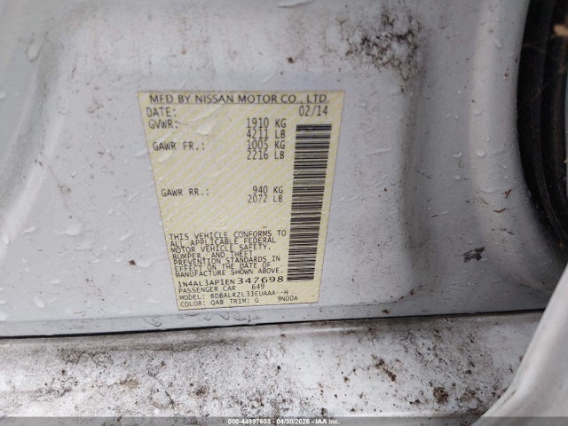 2014 Nissan Altima 2.5 S მანქანა იყიდება აუქციონზე, vin: 1N4AL3AP1EN347698, აუქციონის ნომერი: 44997603