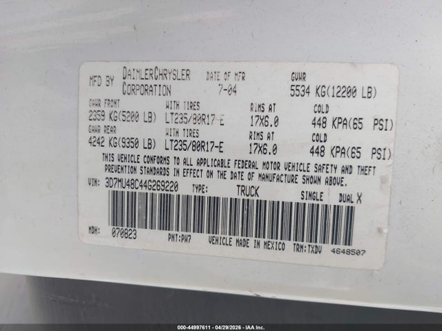 Продаж на аукціоні авто 2004 Dodge Ram 3500 St, vin: 3D7MU48C44G269220, номер лоту: 44997611