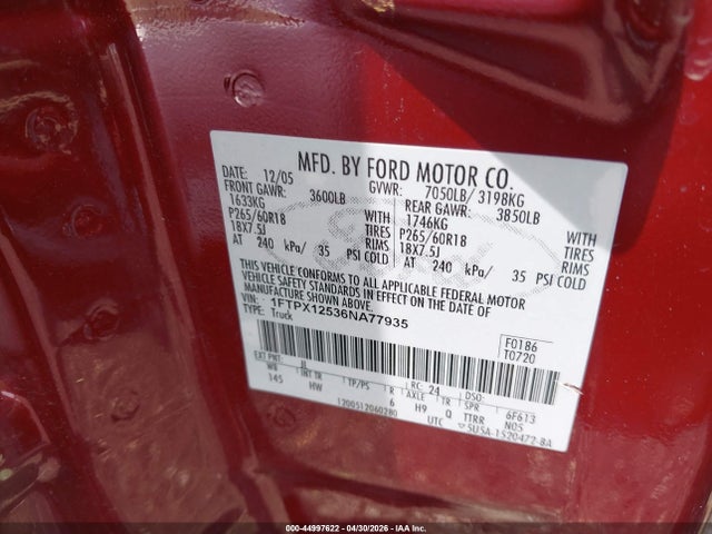 Auction sale of the 2006 Ford F-150 Lariat/xl/xlt, vin: 1FTPX12536NA77935, lot number: 44997622