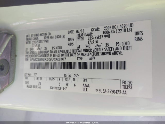 Aukcja sprzedaży 2016 Ford Escape Se, vin: 1FMCU0GX3GUC62307, numer aukcji: 44997634