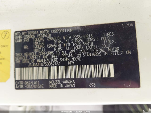 Aukcja sprzedaży 2005 Lexus Rx 330, vin: JTJGA31U750052163, numer aukcji: 44997649