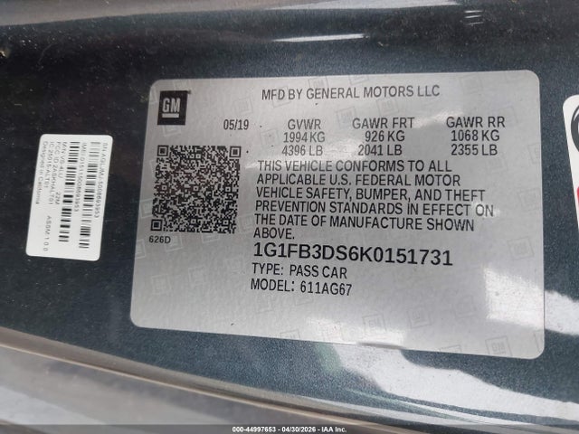 Aukcja sprzedaży 2019 Chevrolet Camaro 1lt, vin: 1G1FB3DS6K0151731, numer aukcji: 44997653