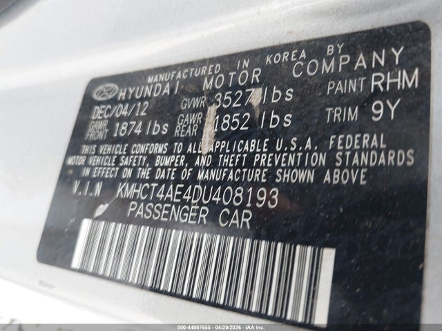 2013 Hyundai Accent Gls მანქანა იყიდება აუქციონზე, vin: KMHCT4AE4DU408193, აუქციონის ნომერი: 44997655