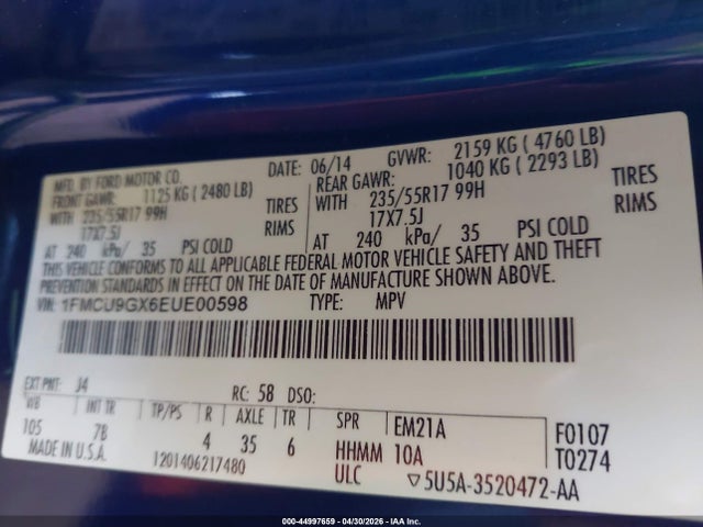Aukcja sprzedaży 2014 Ford Escape Se, vin: 1FMCU9GX6EUE00598, numer aukcji: 44997659
