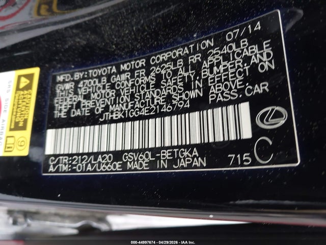 Aukcja sprzedaży 2014 Lexus Es 350, vin: JTHBK1GG4E2146794, numer aukcji: 44997674