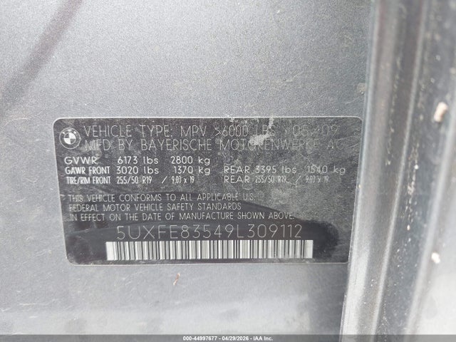 Продаж на аукціоні авто 2009 Bmw X5 Xdrive48i, vin: 5UXFE83549L309112, номер лоту: 44997677