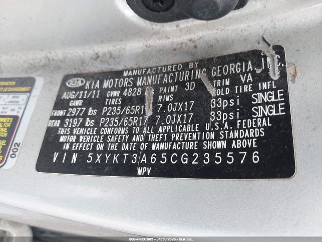 2012 Kia Sorento Lx მანქანა იყიდება აუქციონზე, vin: 5XYKT3A65CG235576, აუქციონის ნომერი: 44997683