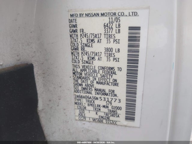 2006 Nissan Titan Xe მანქანა იყიდება აუქციონზე, vin: 1N6BA06A36N531773, აუქციონის ნომერი: 44997688