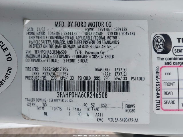 2012 Ford Fusion Se მანქანა იყიდება აუქციონზე, vin: 3FAHP0HA6CR246508, აუქციონის ნომერი: 44997698
