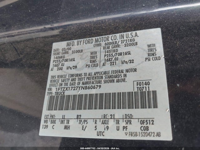 44997702 :رقم المزاد ، 1FTZX1727YNB60679 vin ، 2000 Ford F-150 Work Series/xl/xlt مزاد بيع