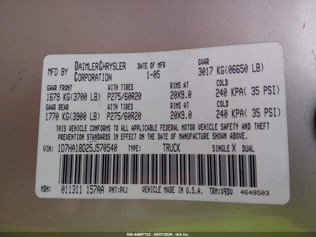44997703 :رقم المزاد ، 1D7HA18D25J570540 vin ، 2005 Dodge Ram 1500 Slt/laramie مزاد بيع