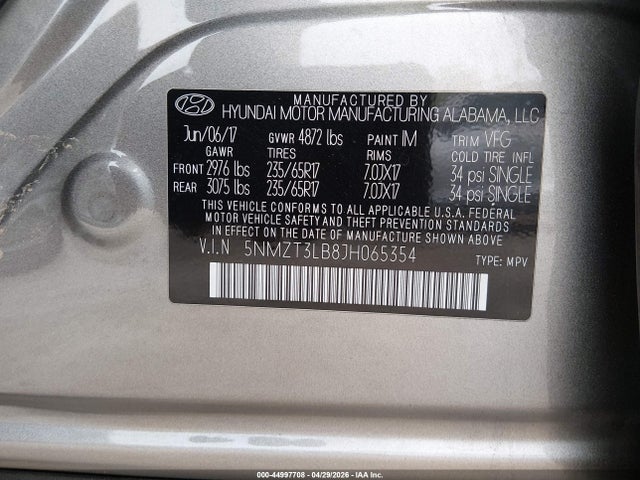 44997708 :رقم المزاد ، 5NMZT3LB8JH065354 vin ، 2018 Hyundai Santa Fe Sport 2.4l مزاد بيع