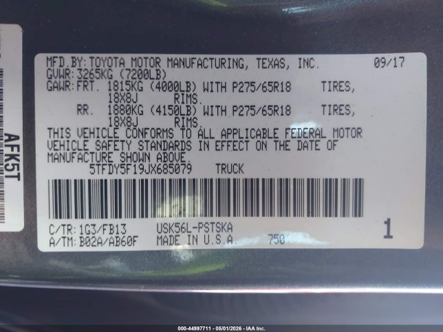 Продаж на аукціоні авто 2018 Toyota Tundra Sr5 5.7l V8, vin: 5TFDY5F19JX685079, номер лоту: 44997711