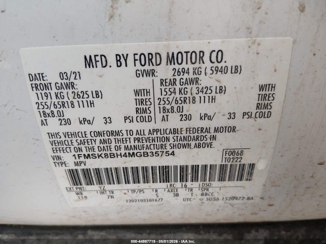 Aukcja sprzedaży 2021 Ford Explorer, vin: 1FMSK8BH4MGB35754, numer aukcji: 44997719