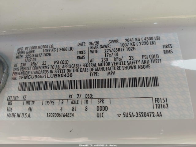 2020 Ford Escape Se მანქანა იყიდება აუქციონზე, vin: 1FMCU9G61LUB80436, აუქციონის ნომერი: 44997721