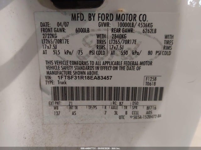 2008 Ford F-350 Xl/xlt მანქანა იყიდება აუქციონზე, vin: 1FTSF31R18EA83457, აუქციონის ნომერი: 44997731