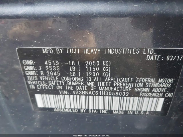2017 Subaru Legacy 2.5i Premium მანქანა იყიდება აუქციონზე, vin: 4S3BNAC61H3058032, აუქციონის ნომერი: 44997741