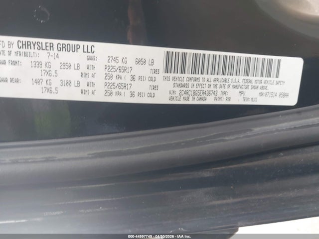 2014 Chrysler Town & Country Touring მანქანა იყიდება აუქციონზე, vin: 2C4RC1BG5ER436743, აუქციონის ნომერი: 44997749
