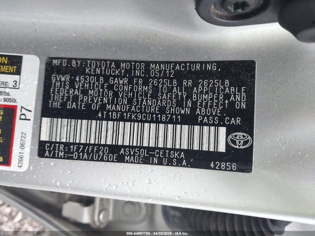 Продаж на аукціоні авто 2012 Toyota Camry Se, vin: 4T1BF1FK9CU118711, номер лоту: 44997755