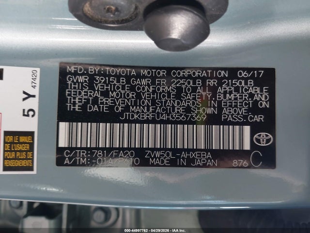 JTDKBRFU4H3567369 Toyota Prius
