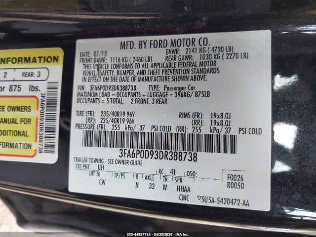 Aukcja sprzedaży 2013 Ford Fusion Titanium, vin: 3FA6P0D93DR388738, numer aukcji: 44997764