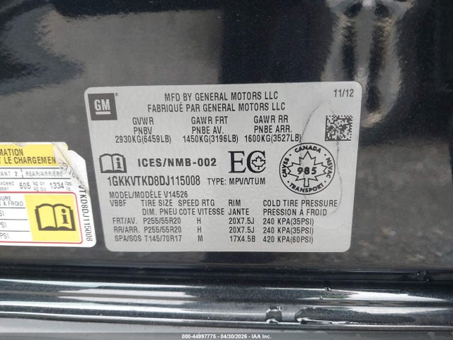 44997775 :رقم المزاد ، 1GKKVTKD8DJ115008 vin ، 2013 Gmc Acadia Denali مزاد بيع