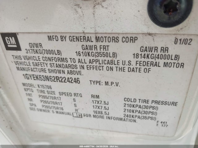2002 Cadillac Escalade Standard მანქანა იყიდება აუქციონზე, vin: 1GYEK63N62R224246, აუქციონის ნომერი: 44997784
