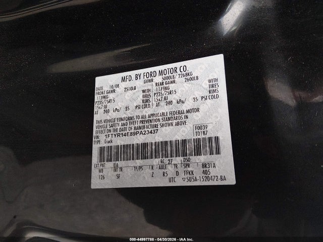 2009 Ford Ranger Sport მანქანა იყიდება აუქციონზე, vin: 1FTYR14E89PA23437, აუქციონის ნომერი: 44997788