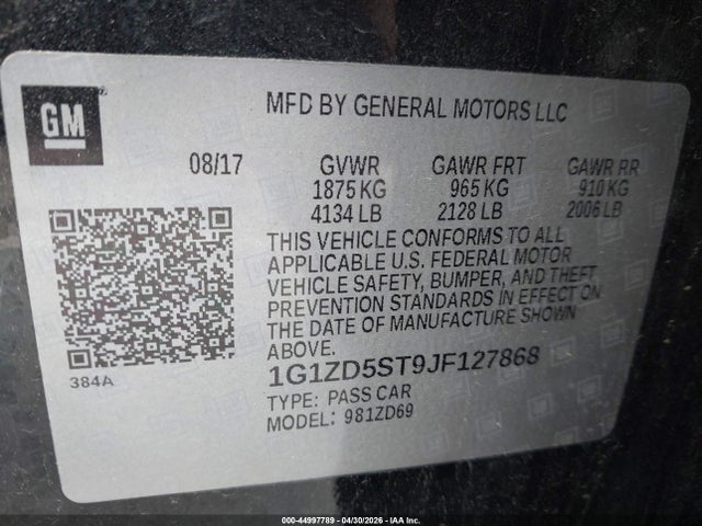 Продаж на аукціоні авто 2018 Chevrolet Malibu Lt, vin: 1G1ZD5ST9JF127868, номер лоту: 44997789