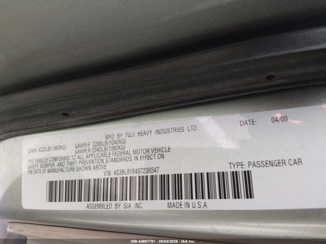 44997791 :رقم المزاد ، 4S3BL616497236547 vin ، 2009 Subaru Legacy 2.5i مزاد بيع