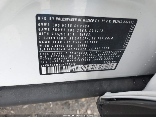 2025 Volkswagen Tiguan 2.0t Se მანქანა იყიდება აუქციონზე, vin: 3VVMR7RM4SM057549, აუქციონის ნომერი: 44997796
