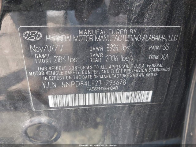 Aukcja sprzedaży 2018 Hyundai Elantra Sel, vin: 5NPD84LF2JH293678, numer aukcji: 44997811