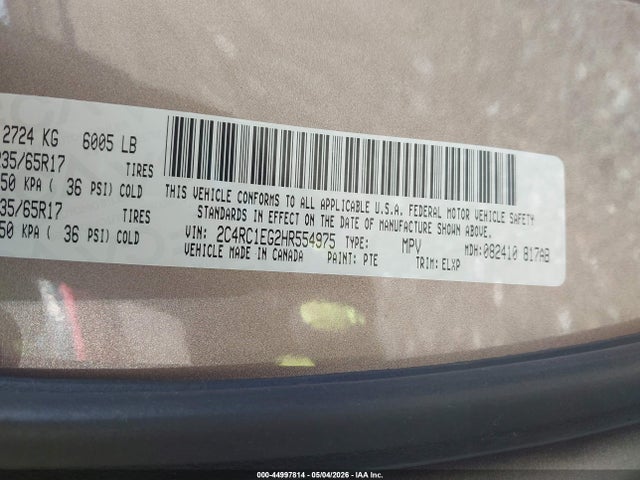 Продаж на аукціоні авто 2017 Chrysler Pacifica Touring-l Plus, vin: 2C4RC1EG2HR554975, номер лоту: 44997814