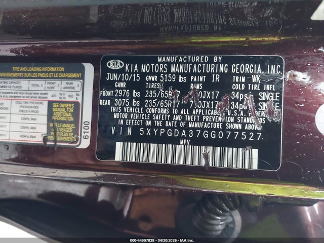 Продаж на аукціоні авто 2016 Kia Sorento 2.4l Lx, vin: 5XYPGDA37GG077527, номер лоту: 44997828