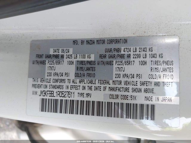 44997836 :رقم المزاد ، JM3KFBBL1R0527611 vin ، 2024 Mazda Cx-5 2.5 S Select مزاد بيع