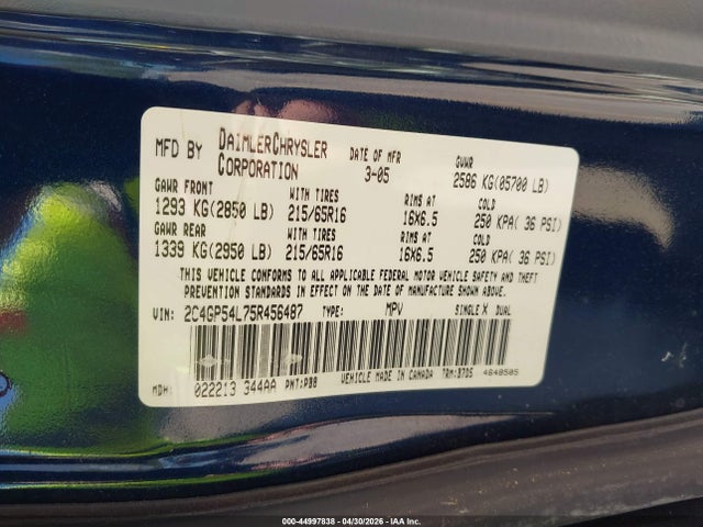 Aukcja sprzedaży 2005 Chrysler Town & Country Touring, vin: 2C4GP54L75R456487, numer aukcji: 44997838