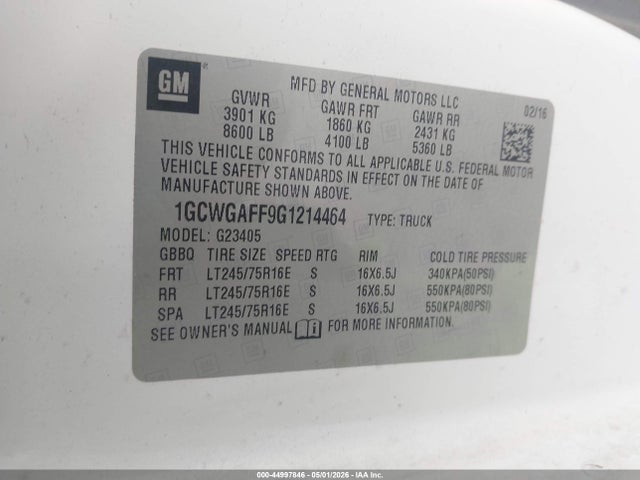 Продажа на аукционе авто 2016 Chevrolet Express 2500 Work Van, vin: 1GCWGAFF9G1214464, номер лота: 44997846