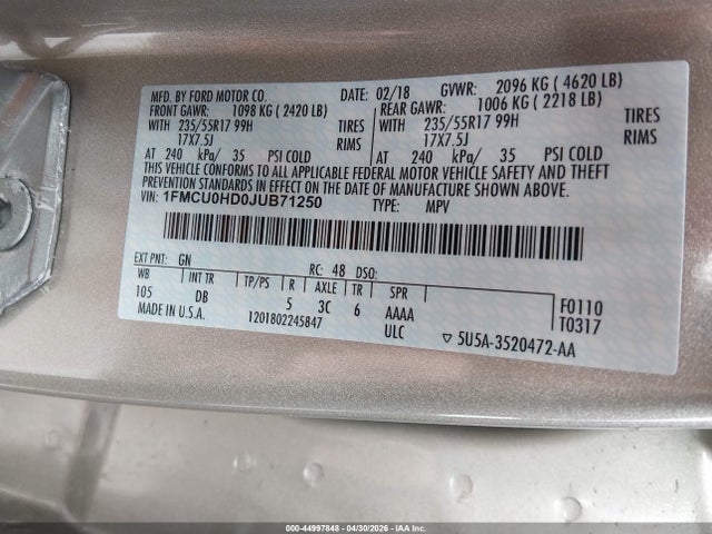 Продаж на аукціоні авто 2018 Ford Escape Sel, vin: 1FMCU0HD0JUB71250, номер лоту: 44997848