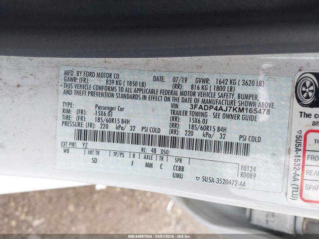 Продажа на аукционе авто 2019 Ford Fiesta S, vin: 3FADP4AJ7KM165478, номер лота: 44997854